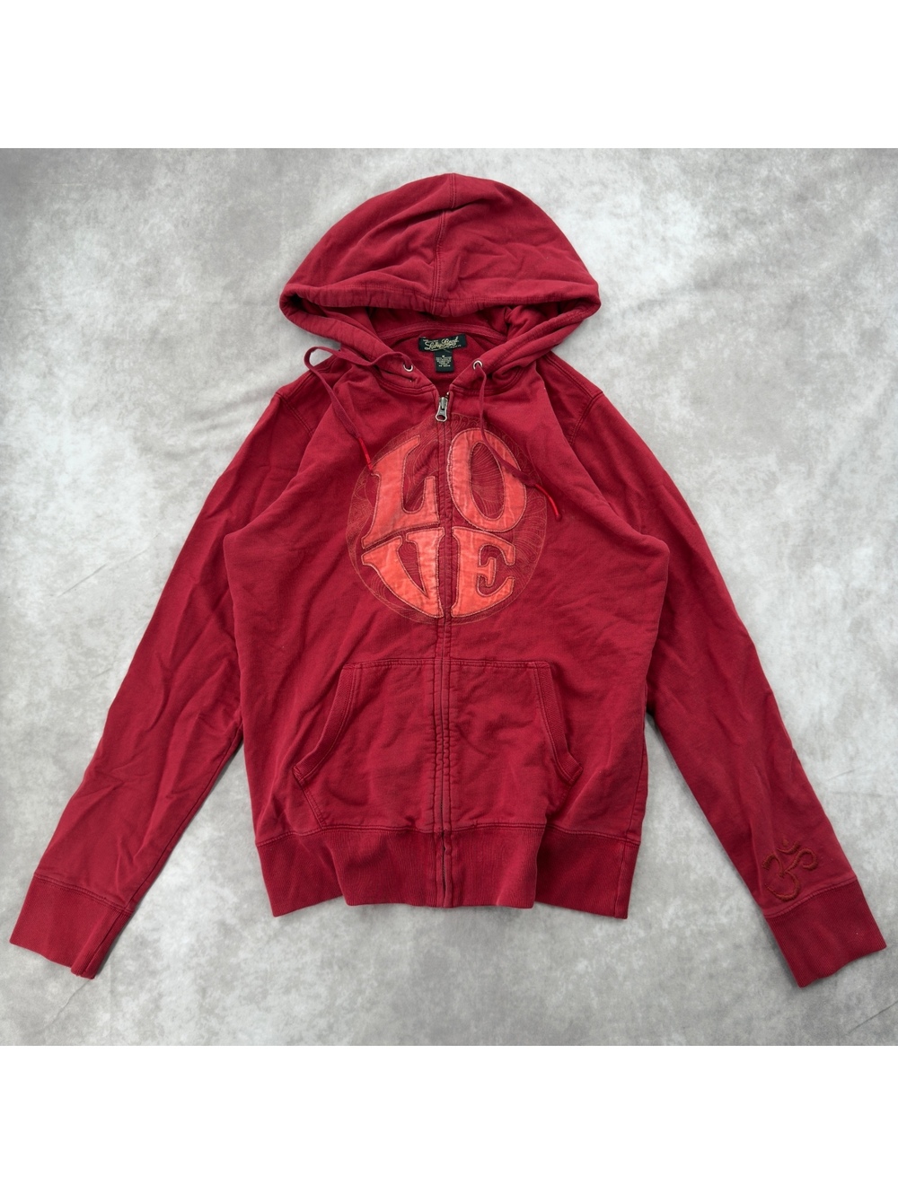 Y2K Lucky Brand Red “LOVE” Appliqué Om Embroidered Zip-Up Hoodie Size M